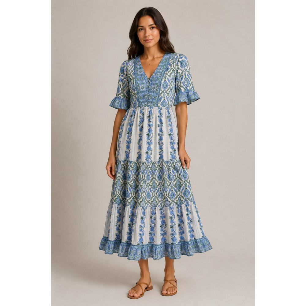 Made in India Cotton Blue Block Print Tiered Midi Dress Size Medium